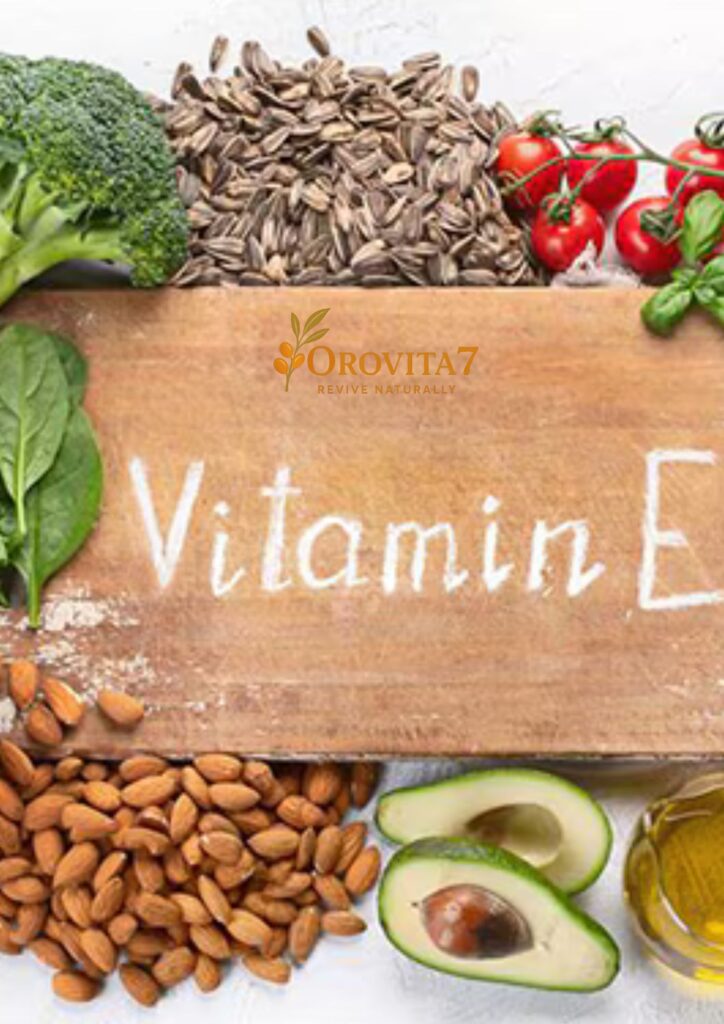 A wooden board with "Vitamin E" written in chalk, surrounded by almonds, avocado, broccoli, and seeds, featuring the OroVita7 brand.