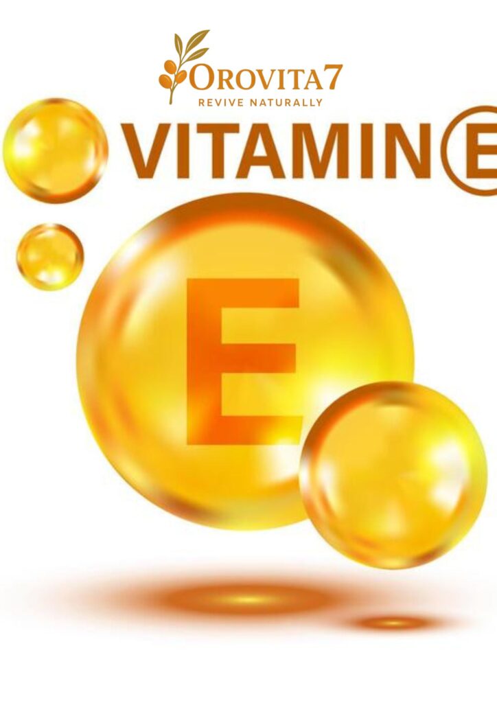 A bright graphic showing glowing golden Vitamin E spheres with the OroVita7 "Revive Naturally" logo.