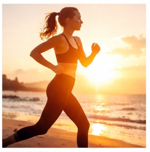 A side profile of a woman in black athletic wear running along a sandy beach during a vibrant orange sunset.
