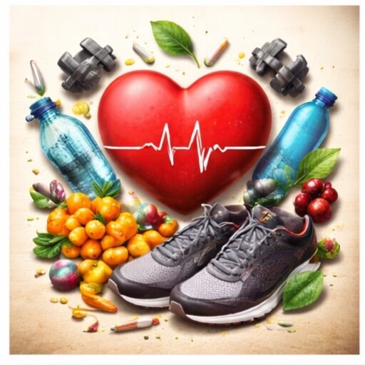 A central red heart with a pulse line surrounded by running shoes, water bottles, dumbbells, and a cluster of bright orange sea buckthorn berries. cardio