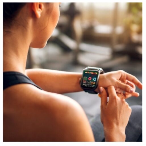 A close-up shot of a smartwatch on a wrist showing a red heart icon and a heart rate of 145 BPM, with a finger touching the screen.