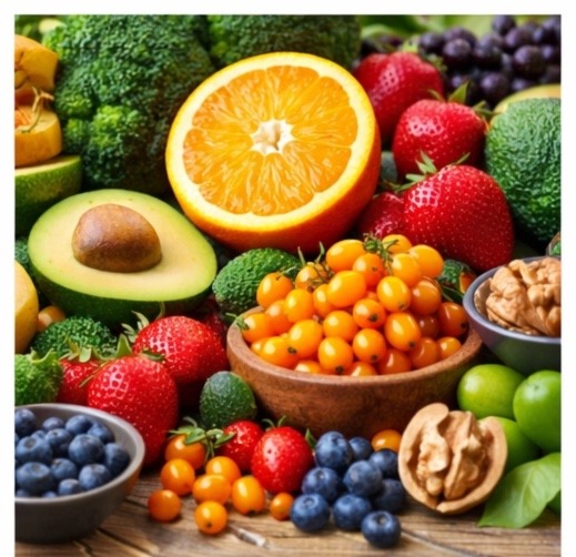 A lush, overhead arrangement of healthy foods including halved avocados, sliced oranges, strawberries, blueberries, broccoli, and walnuts. A small wooden bowl in the center is filled with bright orange sea buckthorn berries.
