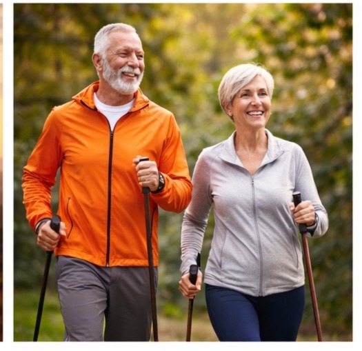 A cheerful senior man and woman with grey hair power walking through a sun-dappled forest using Nordic walking poles. The man is wearing a bright orange athletic jacket, and both are smiling broadly.