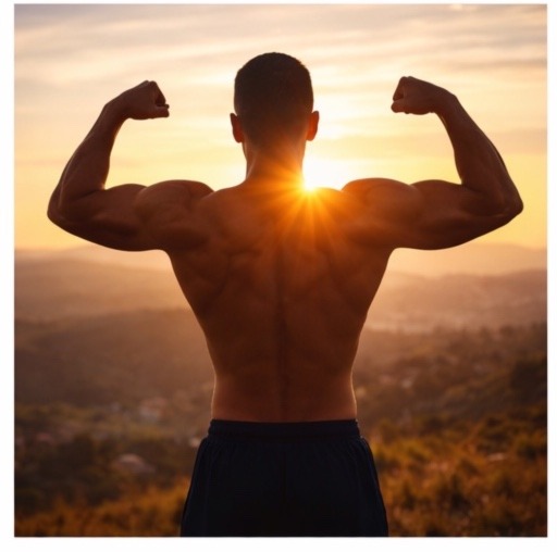The back view of a muscular man flexing his biceps while overlooking a valley during a golden sunrise. The sun is positioned directly behind him, creating a dramatic starburst effect.
