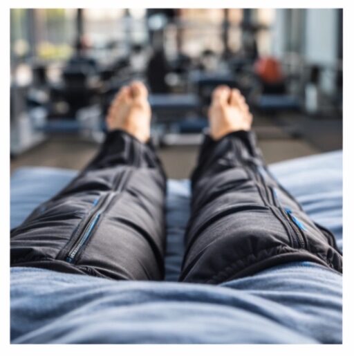 A first-person perspective of a person lying down wearing black air compression recovery boots on their legs, with a blurred fitness gym background in the distance.
