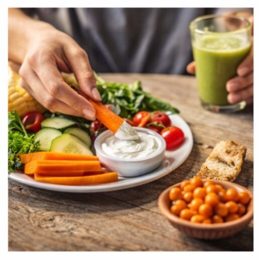A close-up shot of a hand dipping a fresh carrot stick into a bowl of creamy white yogurt dip, surrounded by cucumber slices, cherry tomatoes, and a small bowl of orange sea buckthorn berries on a rustic wooden table.