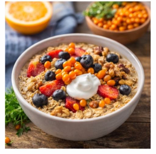 A top-down view of a hearty bowl of oatmeal topped with blueberries, sliced strawberries, walnuts, a dollop of yogurt, and bright orange sea buckthorn berries.