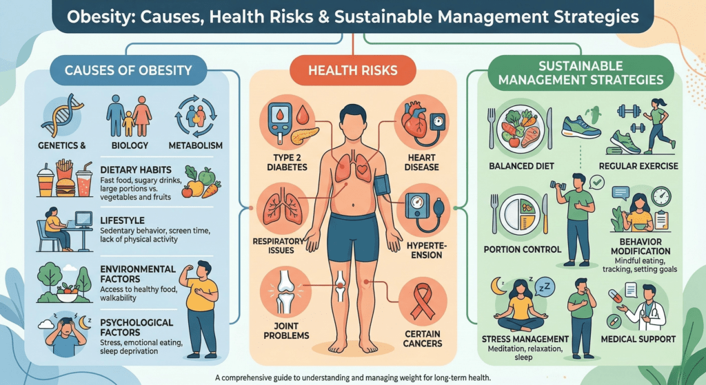 An informative infographic titled "Obesity: Causes, Health Risks & Sustainable Management Strategies." The graphic is divided into three sections: "Causes of Obesity" (genetics, metabolism, lifestyle), "Health Risks" (type 2 diabetes, heart disease, joint problems), and "Sustainable Management Strategies" (balanced diet, regular exercise, and medical support).