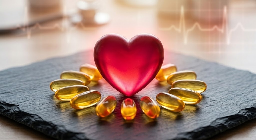 A red heart model placed in the center of a circle of translucent gold omega-3 fish oil softgels on a textured slate surface, with a soft-focus background featuring a subtle EKG heartbeat line.