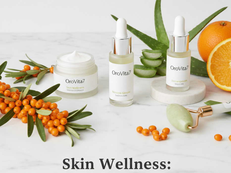 A high-end skincare arrangement on a white marble surface featuring OroVita7 face cream and serum bottles. The products are surrounded by fresh ingredients for skin health, including vibrant sea buckthorn berries, sliced oranges, aloe vera leaves, and a jade facial roller.
