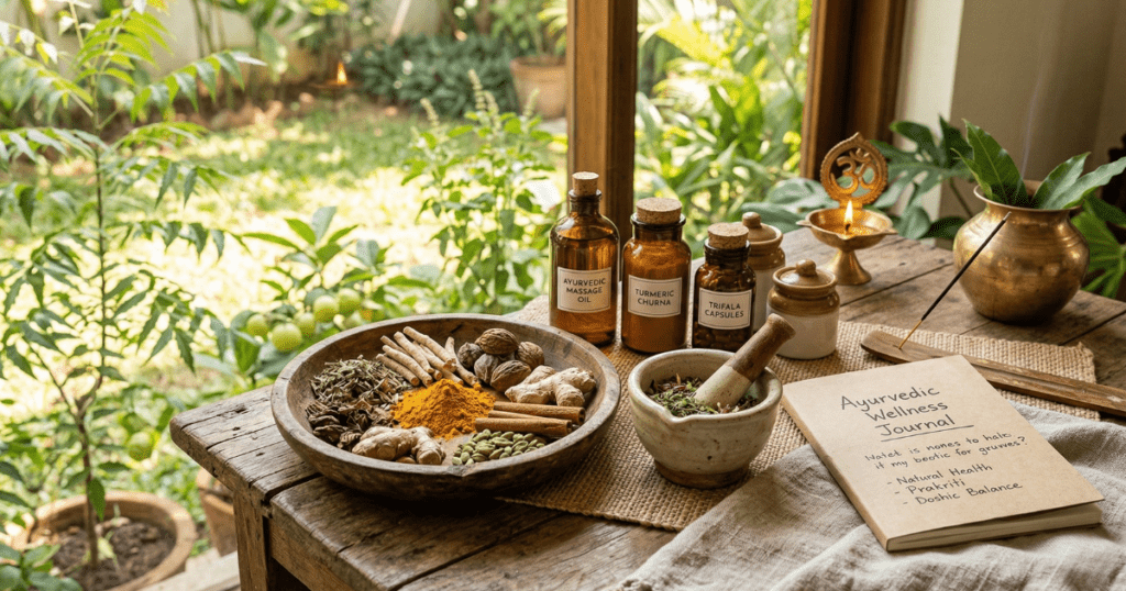 A serene wooden table setting featuring a variety of Ayurvedic wellness elements, including a bowl of raw spices like turmeric and ginger, glass herbal apothecary bottles, a mortar and pestle, and an Ayurvedic journal, set against a lush green garden background.