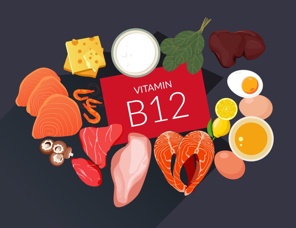 A vibrant collage of nutrient-dense foods high in Vitamin B12. It features images of salmon, red meat, eggs, milk, and cheese, emphasizing that B12 is primarily found in animal-based products.