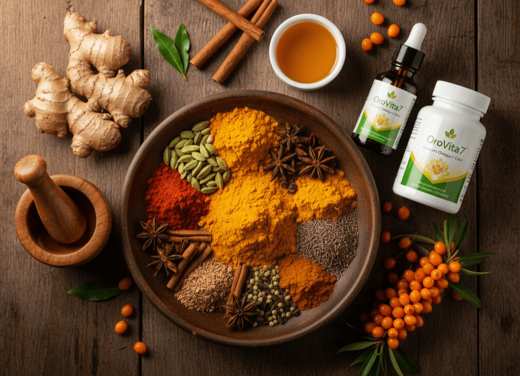 An overhead view of a rustic wooden table arranged with traditional Ayurvedic elements, including a wooden bowl filled with vibrant spices like turmeric and cardamom, fresh ginger root, cinnamon sticks, and star anise. To the side, OroVita7 branded supplement bottles and a dropper vial are paired with fresh sea buckthorn berries, blending ancient herbal tradition with modern wellness.