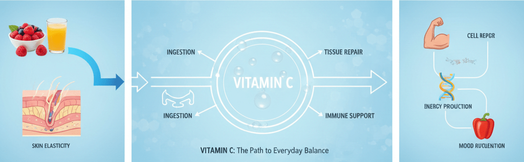 A three-part vertical diagram. Top: A muscular arm labeled "Cell Repair." Middle: A DNA strand labeled "Energy Production." Bottom: A red bell pepper labeled "Mood Regulation."