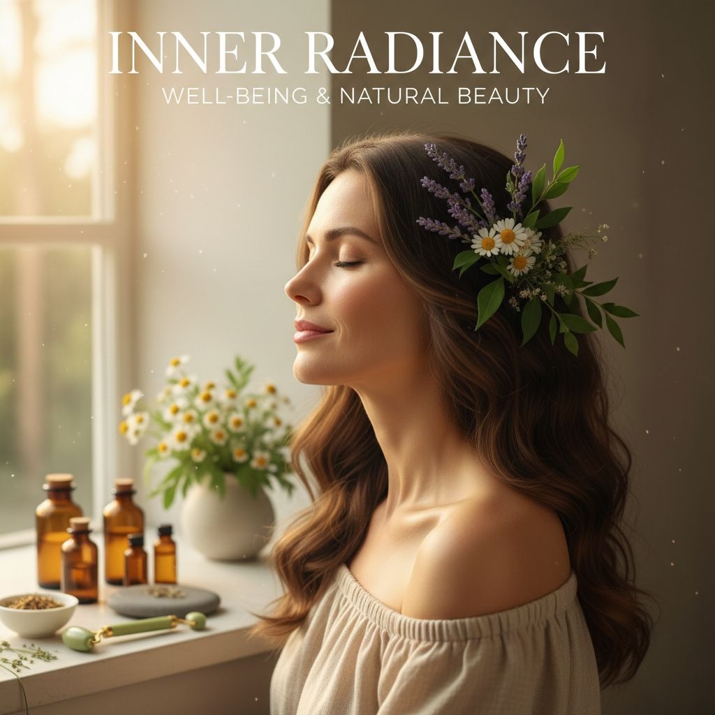 Woman enjoying natural wellness and beauty routine with herbal skincare products and flowers by a window