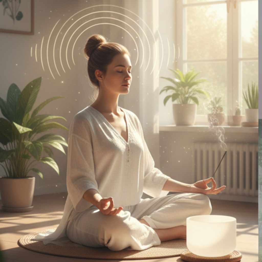 Person practicing meditation indoors with plants and sound bowl in a calm natural wellness space