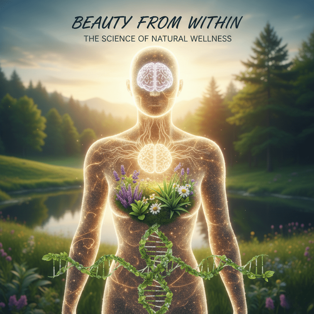 Illustration showing inner wellness and natural beauty with glowing brain and heart, herbs and DNA in a peaceful nature setting