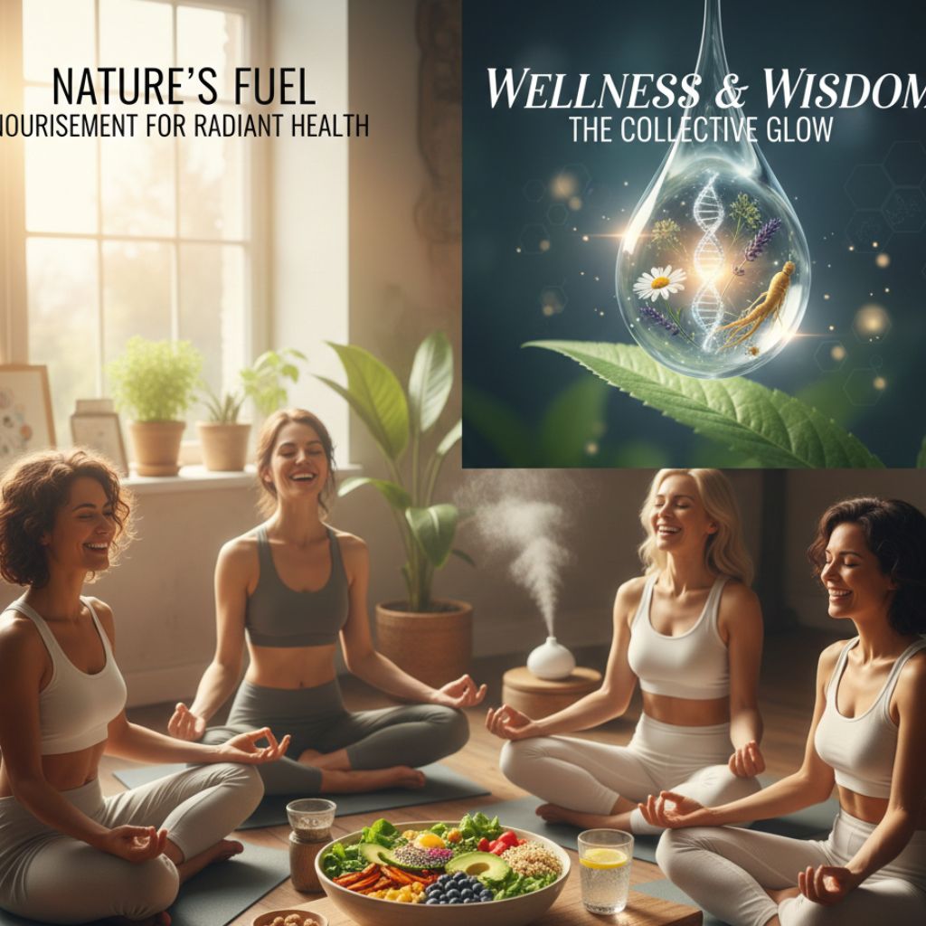 Group meditation session with healthy food and wellness imagery promoting natural health and mindfulness