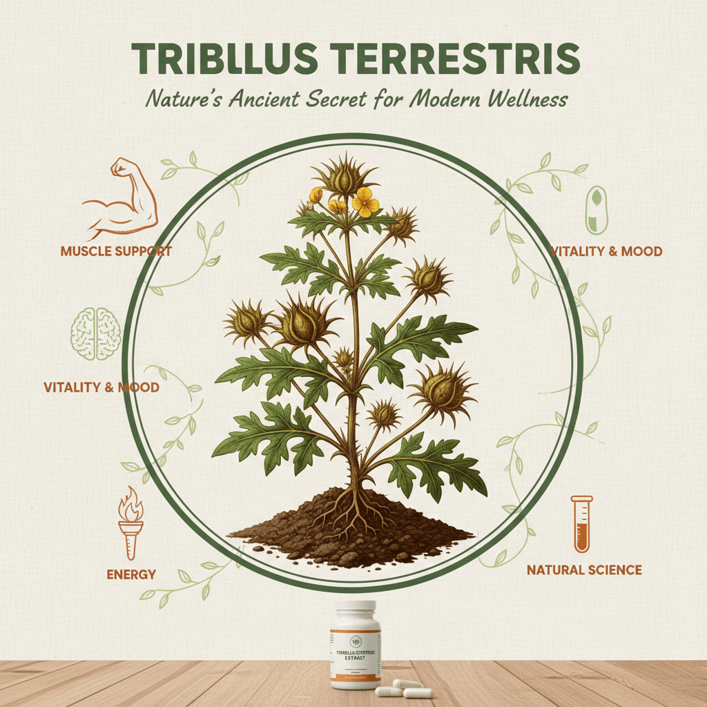 Tribulus terrestris plant illustration with roots and supplement bottle highlighting natural muscle support, energy, vitality, mood, and science-based wellness