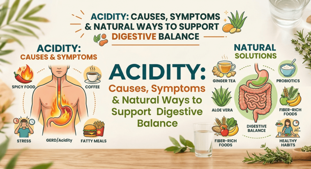 acidity A detailed infographic for a blog post titled "Acidity: Causes, Symptoms & Natural Ways to Support Digestive Balance." The image features a human torso showing a burning sensation in the chest, icons for triggers like spicy food and stress, and natural remedies like ginger tea, aloe vera, and fiber-rich foods on a clean wooden background.