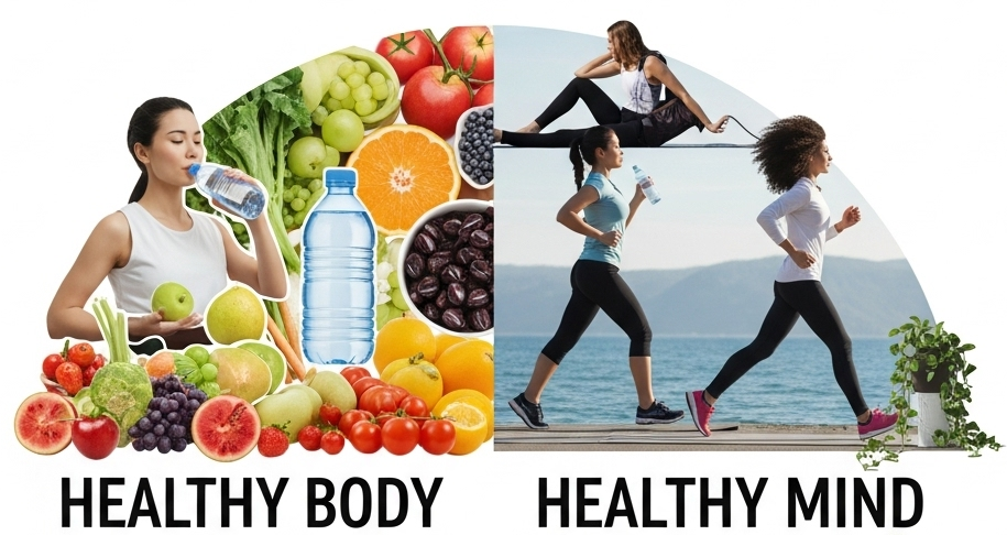 A circular four-quadrant collage showing people engaged in healthy habits. Top-left: A woman drinking water surrounded by fresh fruits and vegetables under the text "Healthy Body." Top-right: Women running and stretching outdoors under the text "Healthy Mind." Bottom segments feature people meditating, swimming, and painting to illustrate mental and physical harmony.