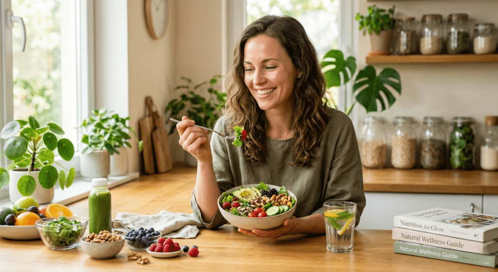 A smiling woman sitting at a bright kitchen table, eating a vibrant salad bowl filled with fresh greens, berries, and nuts, surrounded by healthy ingredients and wellness books.