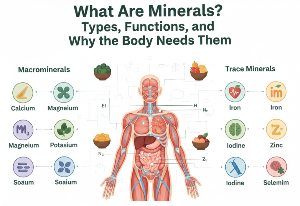 An educational infographic for a blog cover titled "What Are Minerals? Types, Functions, and Why the Body Needs Them." The central graphic features a human anatomical diagram showing internal organs, flanked by icons for Macrominerals (like Calcium and Magnesium) and Trace Minerals (like Iron, Zinc, and Iodine), illustrating how these nutrients support various bodily functions.
