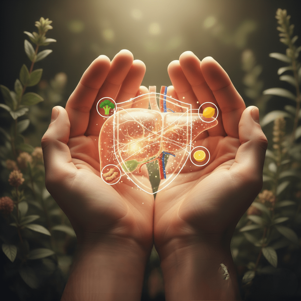 A pair of cupped hands gently holding a glowing, translucent human liver. The liver is encased in a protective digital shield outline, surrounded by floating icons of healthy foods like broccoli, lemon, and ginger. The background features soft, blurred greenery and warm, ethereal lighting.