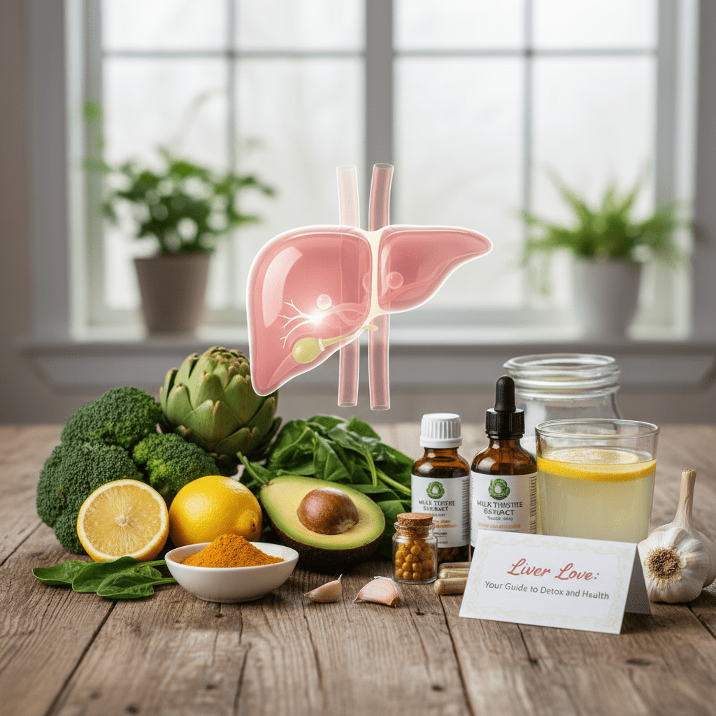 Natural liver detox support with healthy foods and herbal supplements alongside a liver health illustration on a wooden table