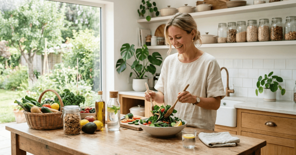 A woman smiling in a bright, sunlit kitchen while tossing a fresh green salad, surrounded by organic vegetables in a basket, glass jars of grains, and lush indoor plants, representing a clean living lifestyle.
