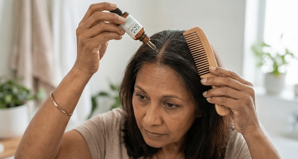 An older woman applying a dropper of herbal hair oil or serum directly to her scalp while holding a wooden comb, focusing on hair restoration.