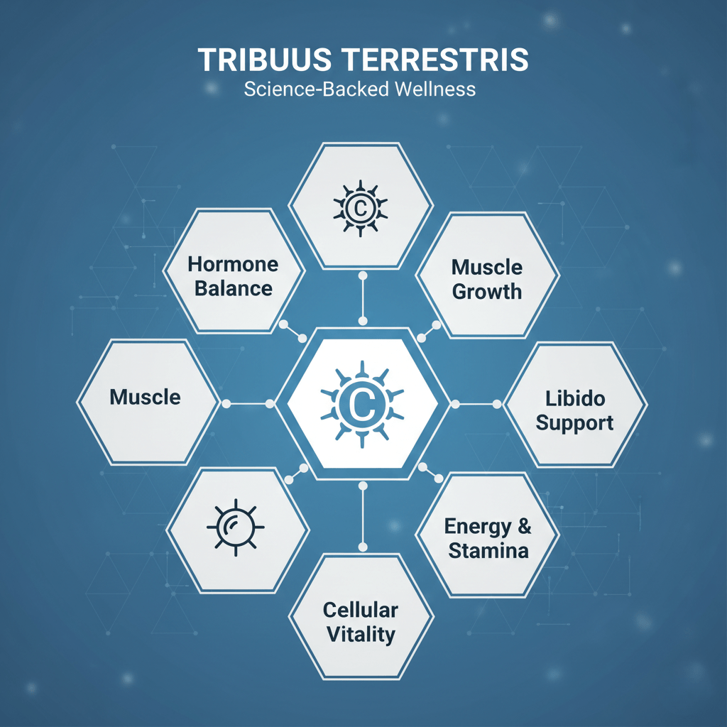 Tribulus terrestris science-backed wellness diagram showing hormone balance, muscle growth, libido support, energy and stamina, and cellular vitality