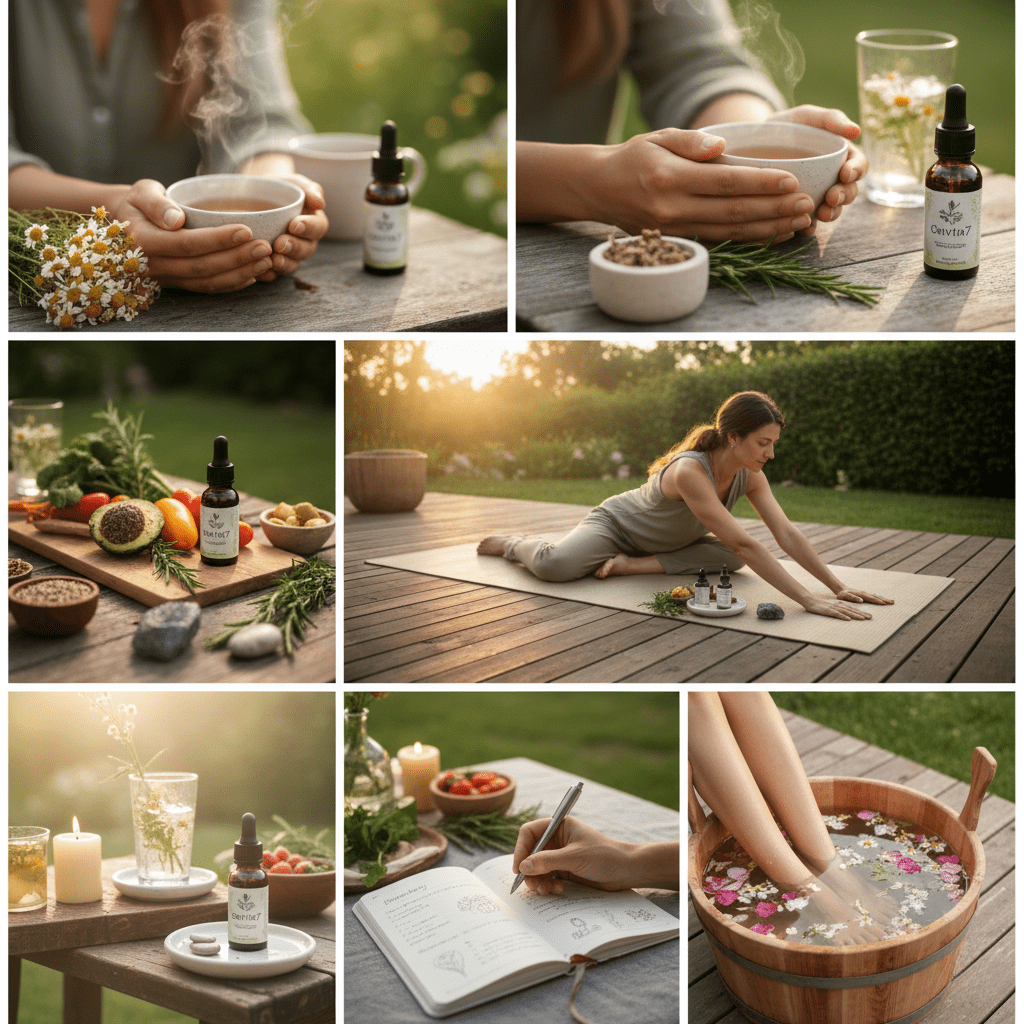 A comprehensive wellness collage showing various healing practices including yoga, herbal tea, and natural nutrition using Orovita7 products to support a healthy body naturally.