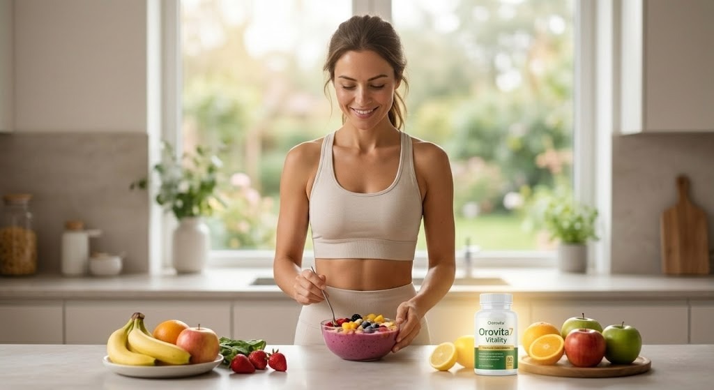 energy | A smiling woman in athletic wear preparing a berry smoothie bowl in a bright kitchen. On the counter is a bottle of Orovita7 Vitality supplements surrounded by fresh fruit like bananas, apples, and oranges.
