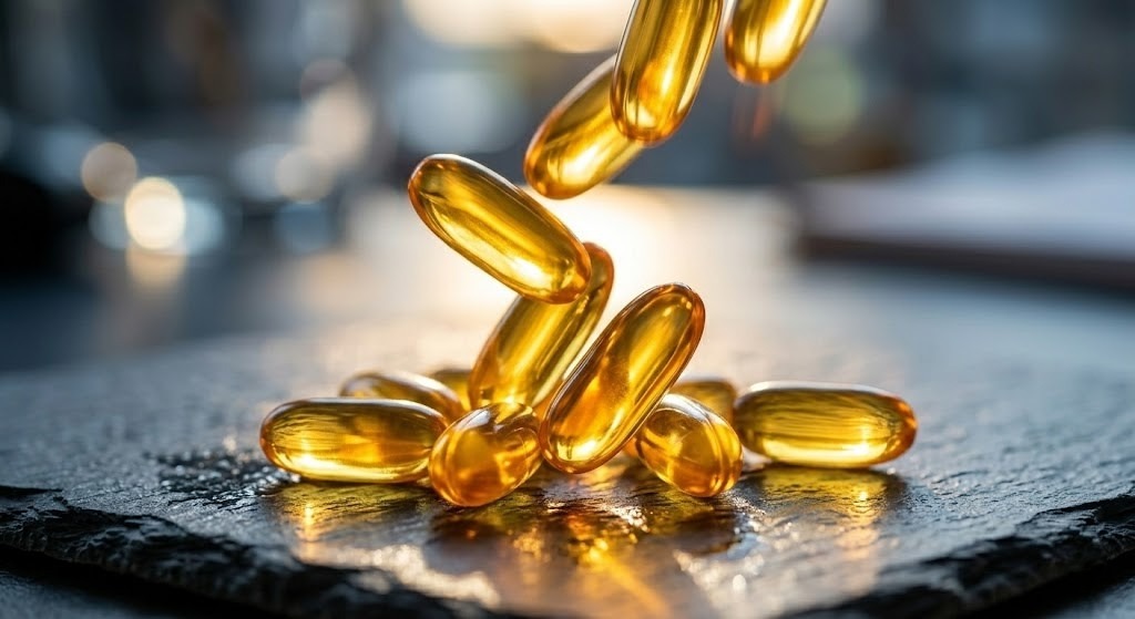 Golden softgel capsules supplement falling on a surface representing natural nutrition and daily wellness support.