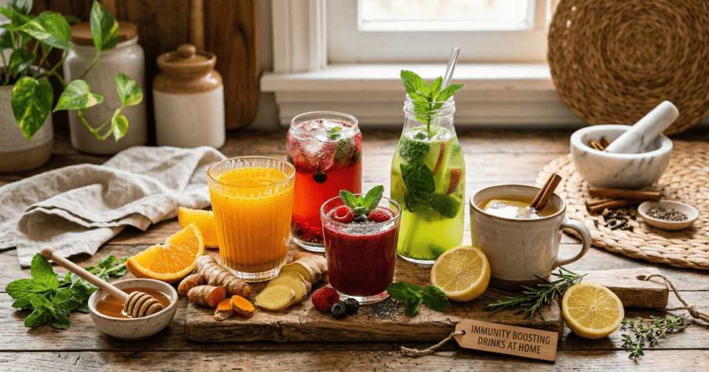 A colorful variety of homemade immunity-boosting drinks including golden turmeric tea, a berry smoothie, and green juice, arranged on a rustic wooden table with fresh ginger, lemon, and honey.