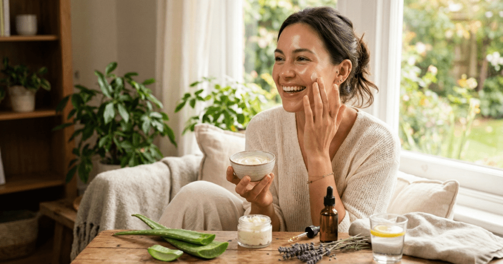 A smiling woman applying natural moisturizer to her face, surrounded by aloe vera leaves, essential oils, and a glass of lemon water in a bright, cozy living room.