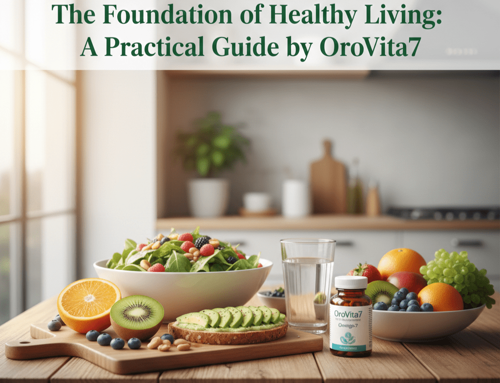 A bright kitchen scene featuring a wooden table set with a healthy meal including a fresh green salad, avocado toast, and a bowl of assorted fruits. An OroVita7 Omega-7 supplement bottle sits prominently in the foreground next to a glass of water, illustrating a balanced approach to nutrition.