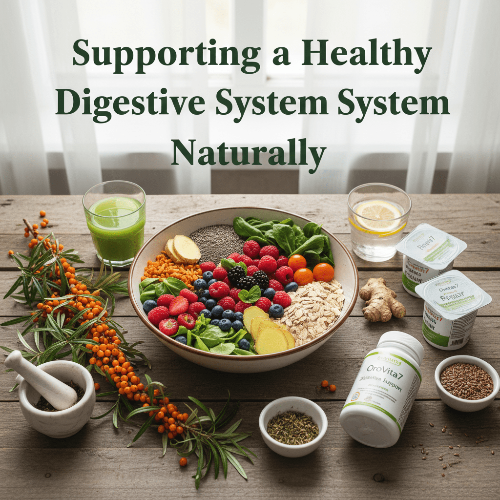 An overhead view of a wooden table featuring a large bowl filled with digestive-friendly foods like berries, chia seeds, oats, and spinach. The scene includes fresh ginger, green smoothies, lemon water, and a bottle of OroVita7 Digestive Support supplements, all framed by vibrant sea buckthorn branches.