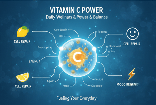 A detailed diagram with a central glowing "C" molecule connected to various nodes. Icons include a lemon, a smiley face, and a lightning bolt, with labels like "Cell Repair," "Energy," and "Mood Resilience."