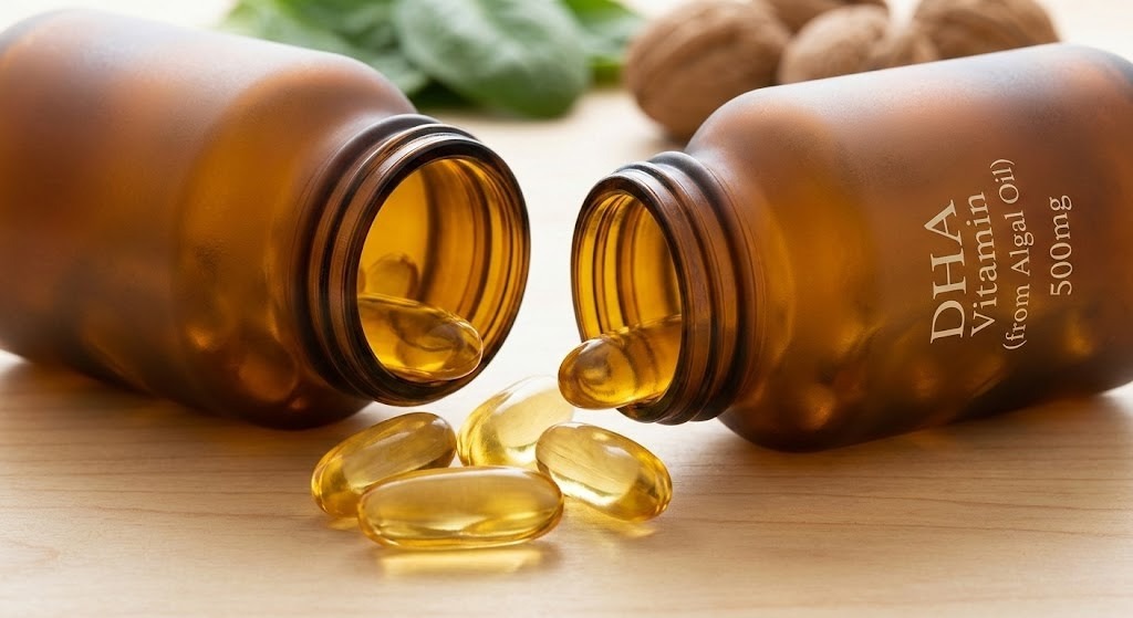 Two amber glass bottles labeled "DHA Vitamin (from Algal Oil) 500mg" spilling out golden liquid softgels onto a wooden surface, with walnuts and green leaves in the blurred background representing natural omega-3 sources.