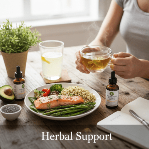 A grilled salmon fillet served with asparagus, quinoa, and a side salad on a wooden table, next to a cup of herbal tea and two liquid supplement dropper bottles.