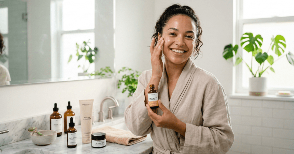 A smiling woman in a linen robe applying a face serum in a bright, modern bathroom, surrounded by clinical-style skincare bottles, representing science-backed skin health and everyday wellness.