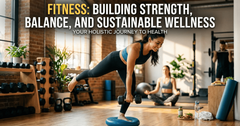 A woman performing a single-leg dumbbell deadlift on a balance pod in a sunlit gym, illustrating strength, balance, and sustainable wellness.