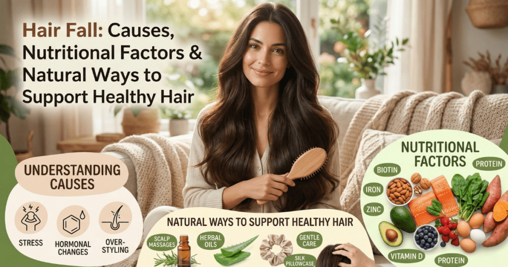 An infographic-style blog header showing a woman with healthy hair, surrounded by sections on hair fall causes like stress, nutritional factors like Biotin and Iron with healthy foods, and natural support methods like scalp massage and herbal oils.