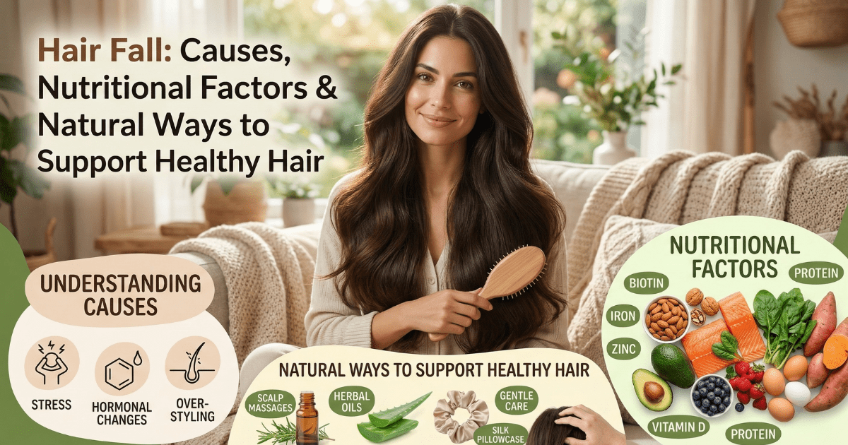 An infographic-style blog header showing a woman with healthy hair, surrounded by sections on hair fall causes like stress, nutritional factors like Biotin and Iron with healthy foods, and natural support methods like scalp massage and herbal oils.