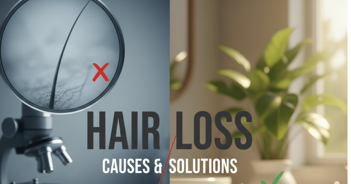 : A professional blog cover featuring a microscopic view of a hair follicle on the left and a healthy indoor plant on the right, with text about hair loss solutions.