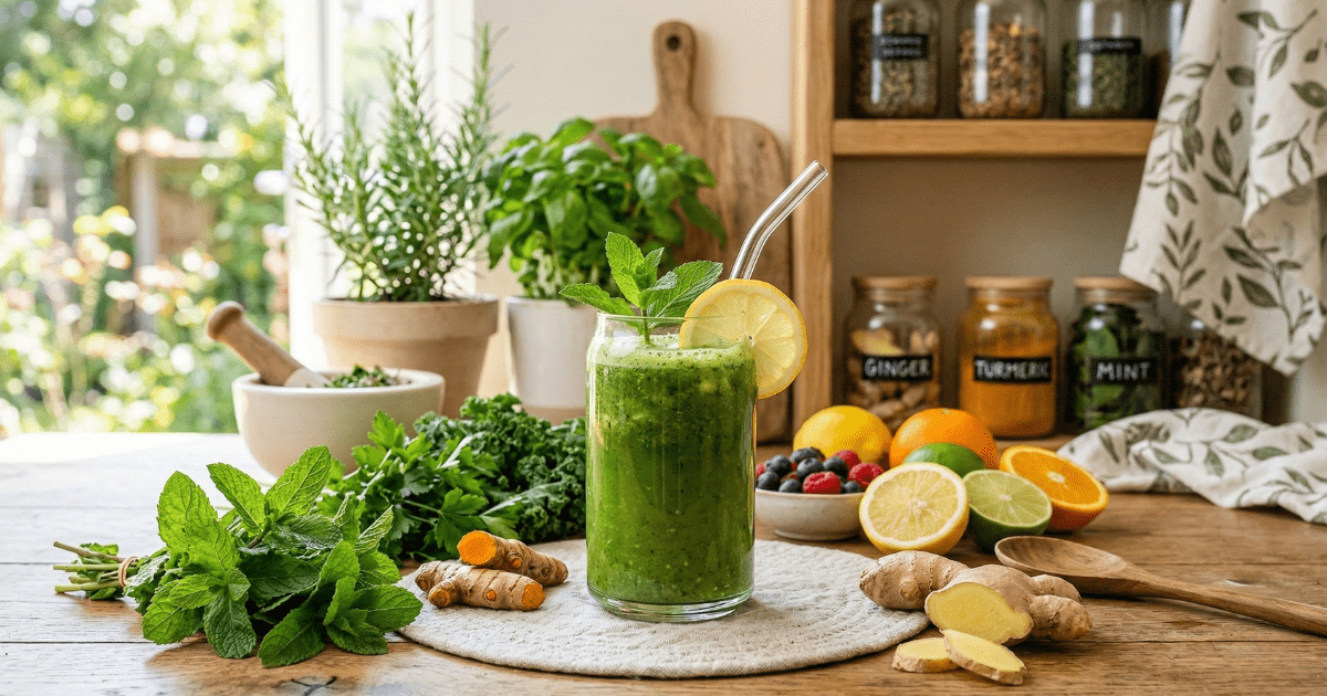 A vibrant glass of green herbal juice on a wooden table surrounded by fresh turmeric, ginger, mint leaves, and citrus fruits in a bright, natural kitchen setting.