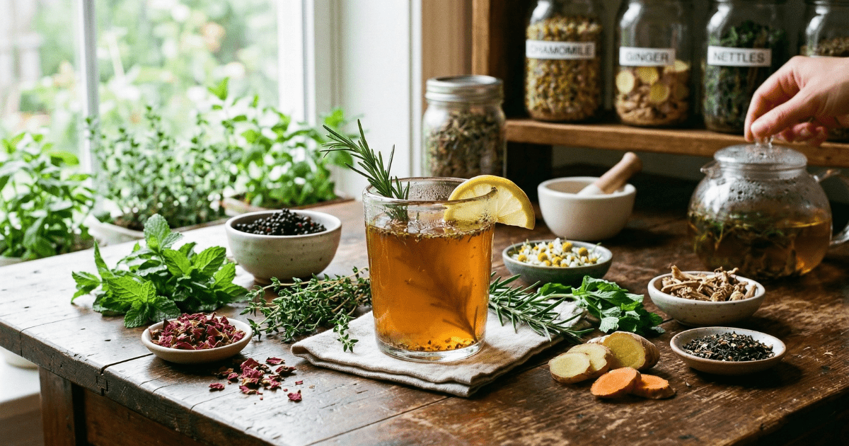 A glass of golden herbal tonic on a rustic wooden table surrounded by fresh herbs, ginger, and apothecary jars to promote daily wellness.