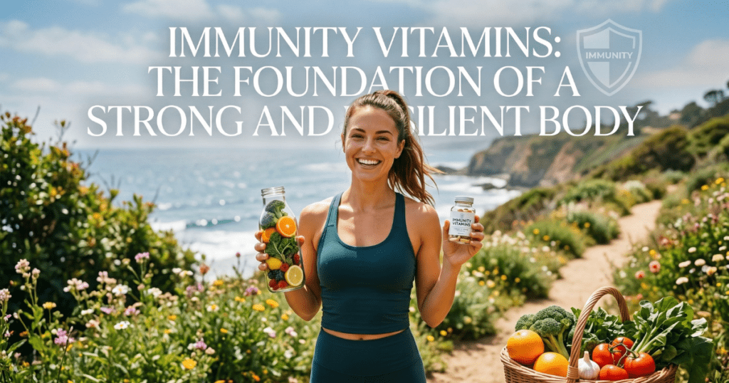 A healthy woman smiling outdoors holding a bottle of immunity vitamins and a jar of fresh fruits, symbolizing a strong and resilient body.